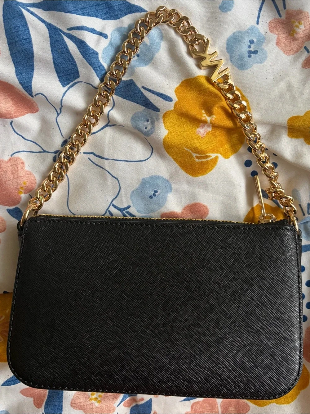 Michael Kors Black Saffiano Leather Wristlet with Gold Chain